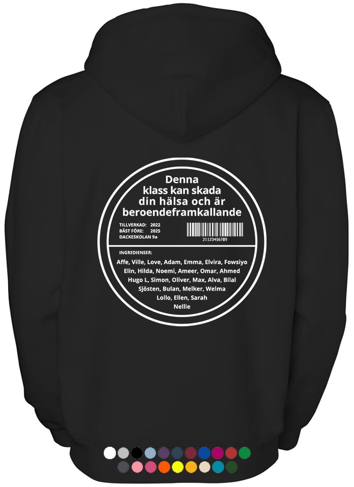 Klasströja klasströjor citat - Snusdosa med namn på elever och texten Denna klass kan skada din hälsa...